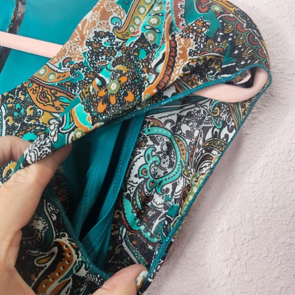 Paisley Print Green Dress Sheer Overlay Sleeveless Party Cocktail Autumn Harvest - Picture 5 of 12